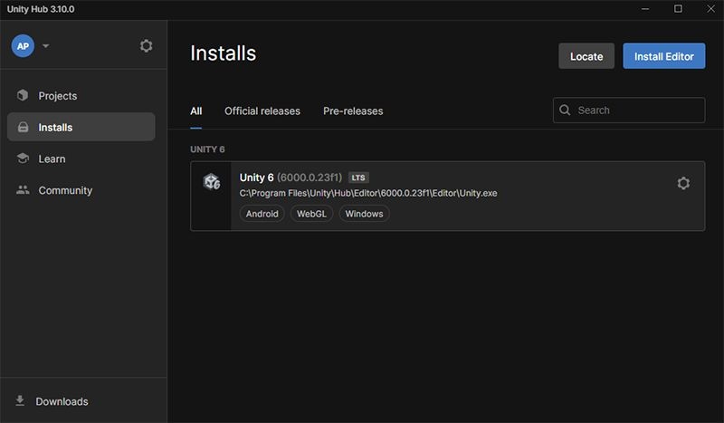 Screenshot of Unity Hub Installs