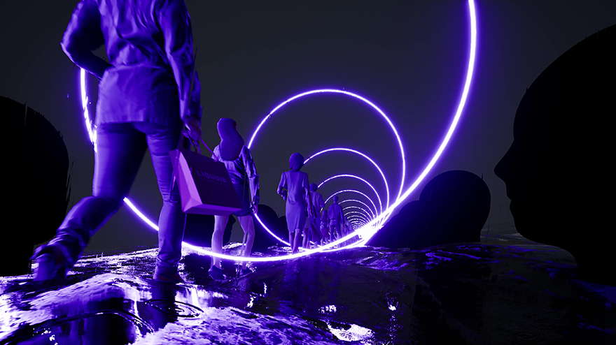 People walking through a line of concentric purple rings