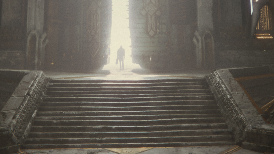 A man walking through huge doors with light pouring in