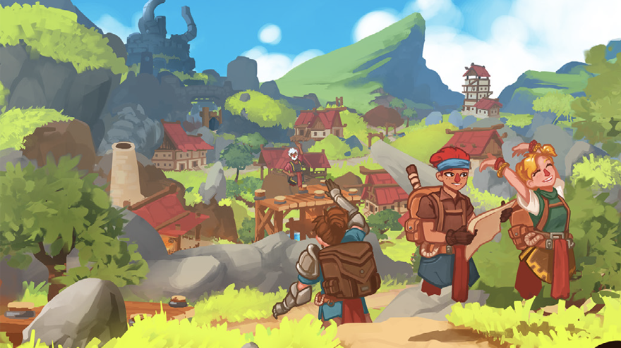 만화 같은 풍경의 오래된 마을을 배경으로 서 있는 남녀 캐릭터