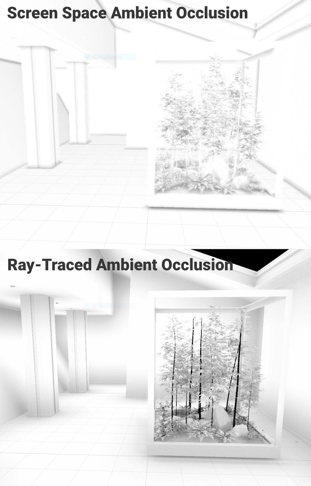 Oclusión ambiental del espacio de pantalla versus oclusión ambiental con trazado de rayos