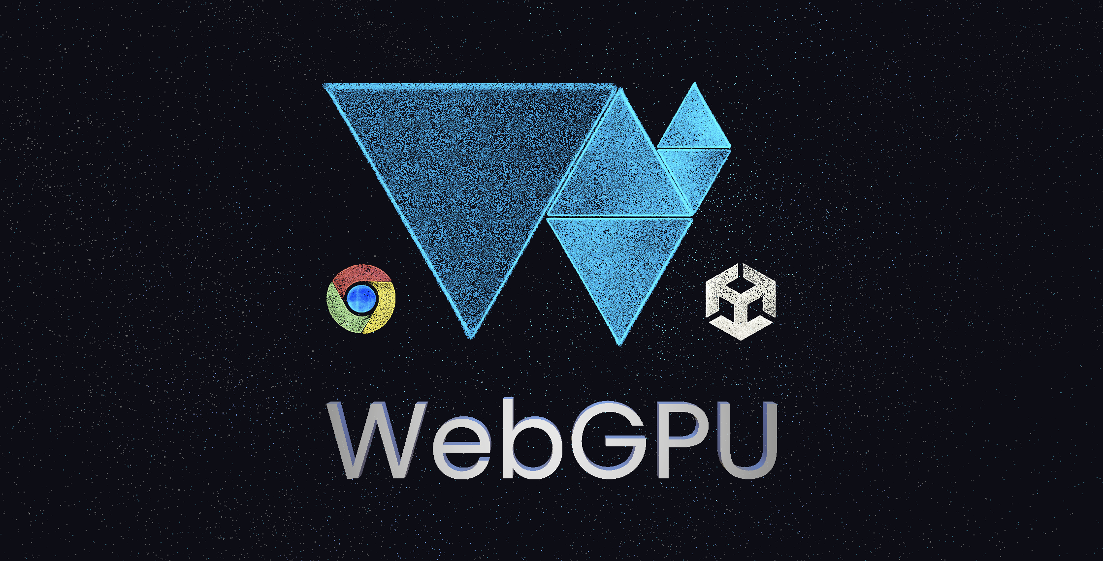 Interactive VFX Graph demo featuring the Google Chrome logo, the Unity cube icon, and the WebGPU logo.