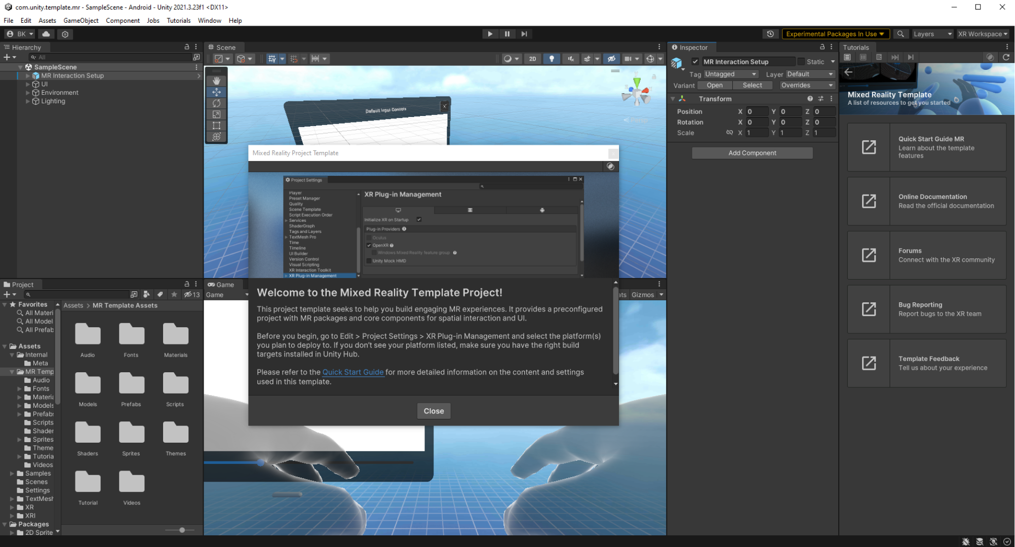Unity Editor displaying the welcome window of the mixed reality template overlaid on top of a mixed reality template project.