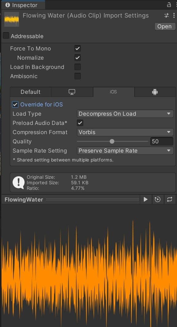 Inspector dialog box with grey background and white text with an orange voice modulator at the bottom.