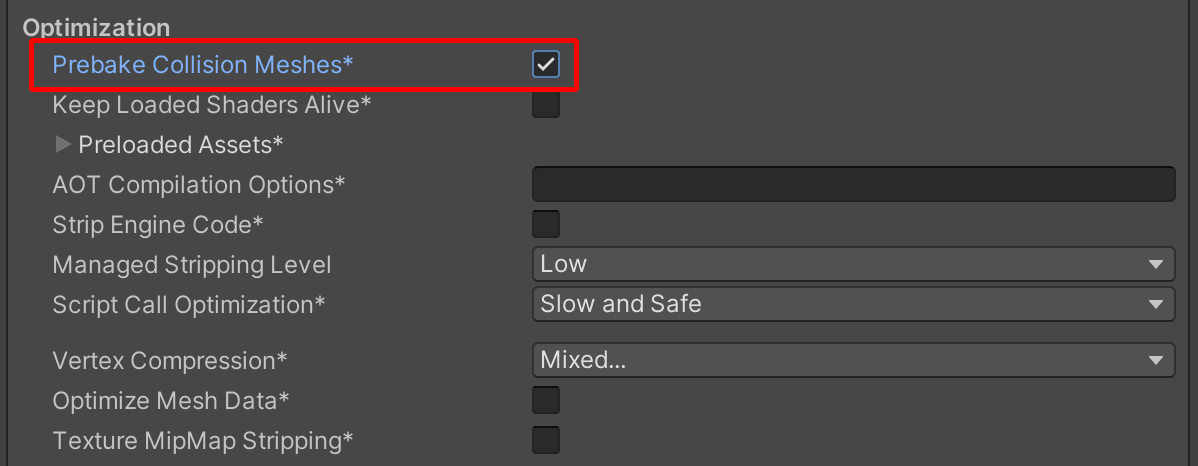 Image of the in player settings box with a dark grey background and the text "prebake collision meshes*" checked and squared off in red