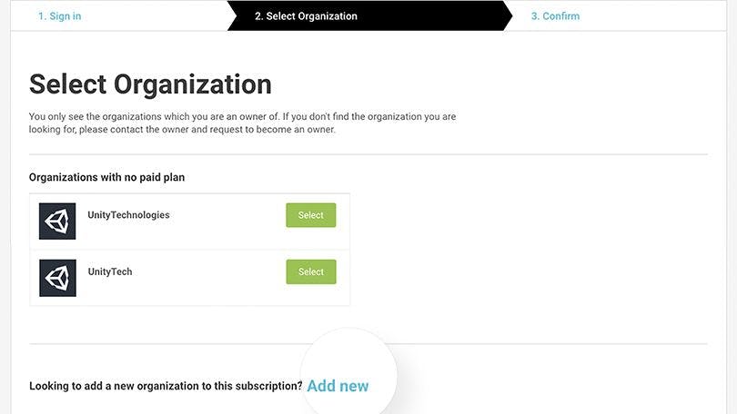 Unity: Canjear licencia Pro Seleccionar organización