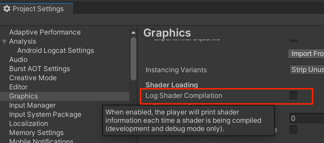 Enabling Log Shader Compilation in the Graphics Project Settings