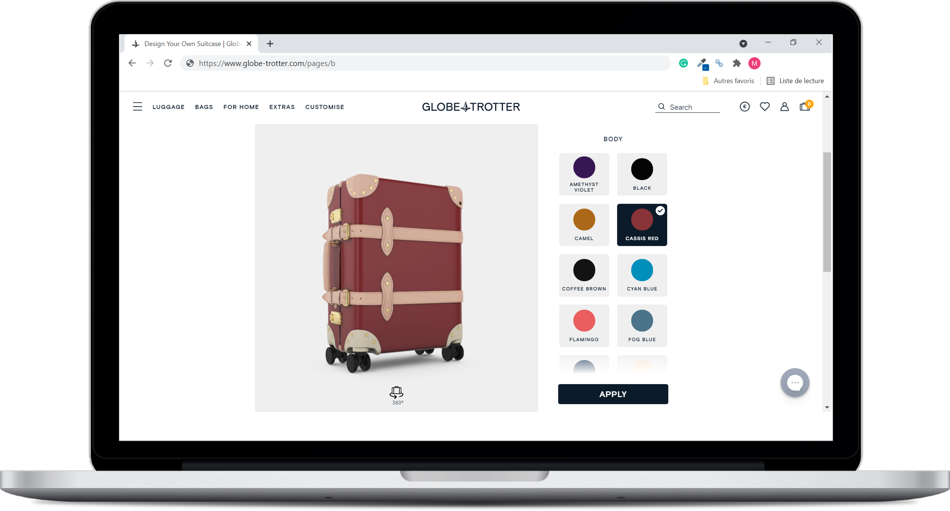 Globe trotter - une capture d'écran du configurateur de produits sur leur site web 
