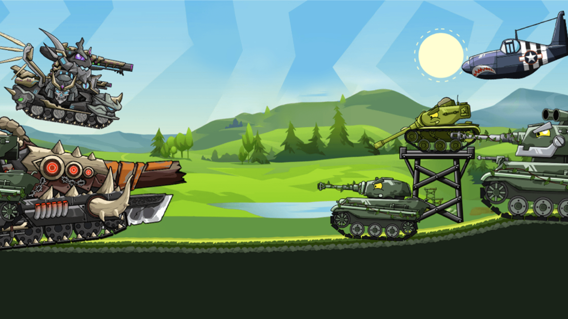 2D game screenshot of battle ships on grass and green hills in the background