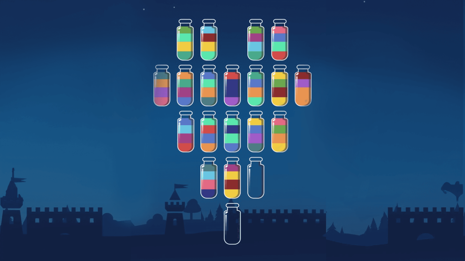 Screen shows three bottles of different coloured liquid, with a fourth bottle pouring pink liquid into the middle placed bottle, the background setting is showing a castle and a few trees in the distance