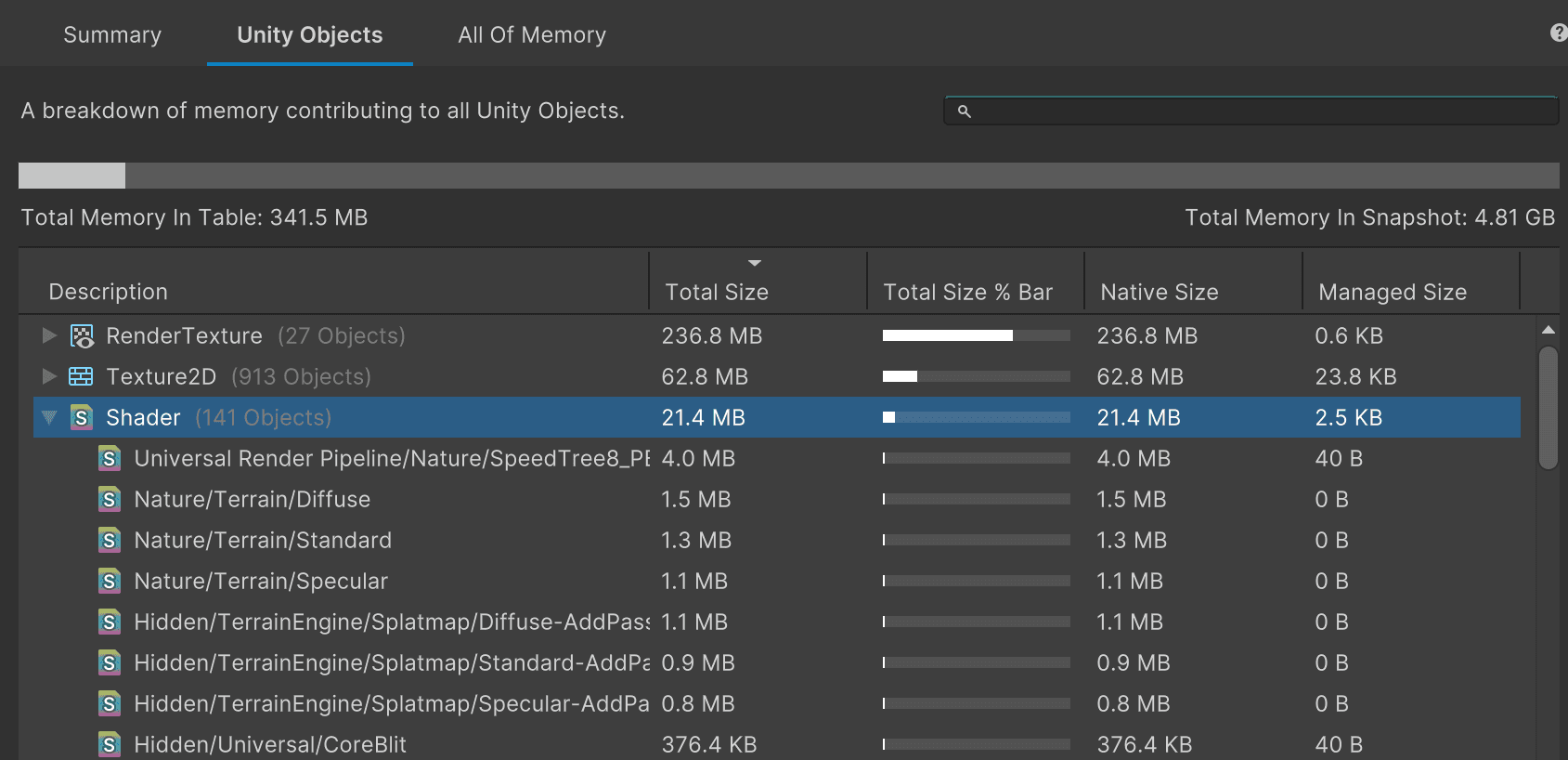 Übersicht der Shader im Memory Profiler