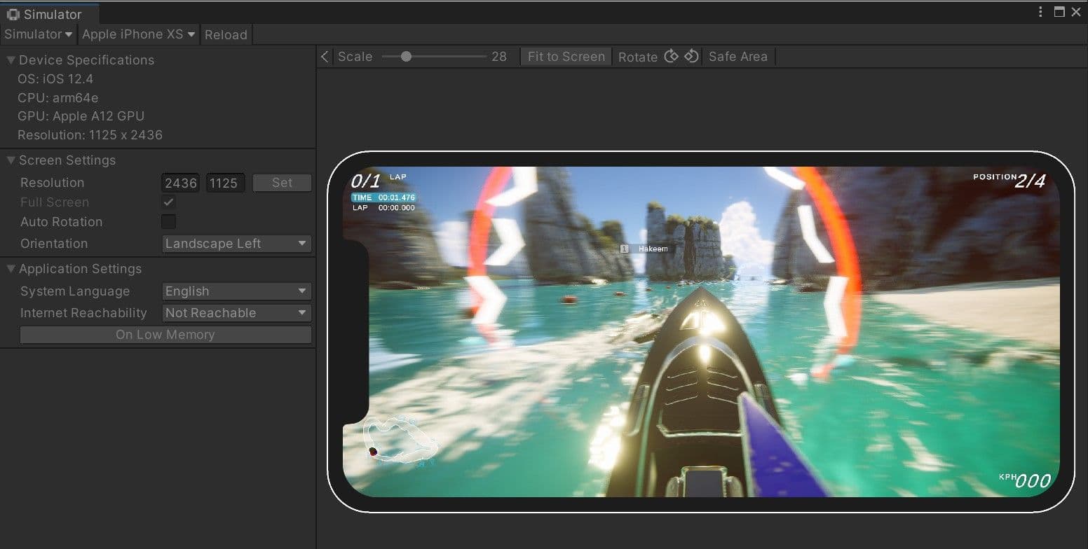 Image of the device simulator that has a grey dialog box background and a simulation of a racing boat game on a smartphone.