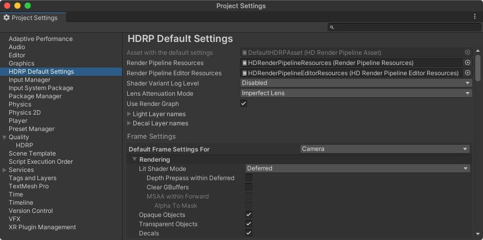 Modificação das configurações padrão do HDRP