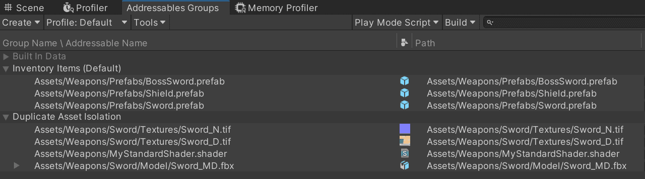 Capture d'écran de l'éditeur - Groupes Addressables