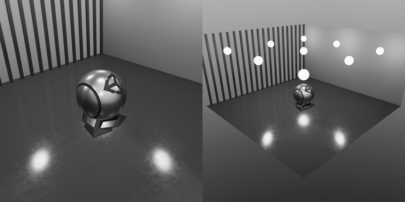 Same scene but with emissive proxies captured by the Reflection Probe (left) vs an alternative perspective showcasing the placement of said proxies (right)