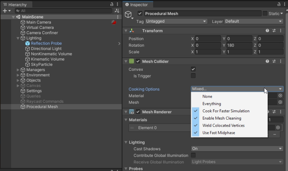 Cooking Options interface in Unity editor