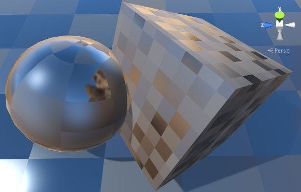 Esfera reflectante que cruza un cubo.