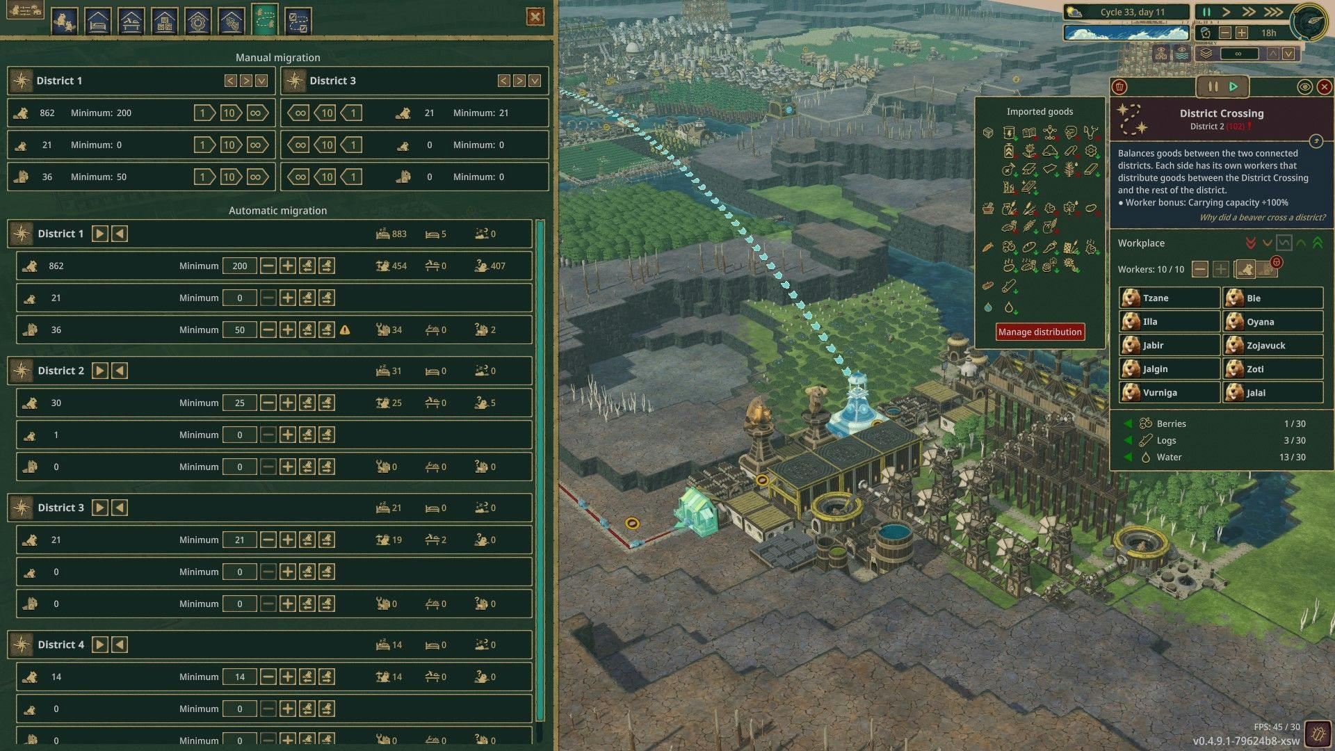 Interface de usuário Timberborn com muitas janelas e controles no jogo