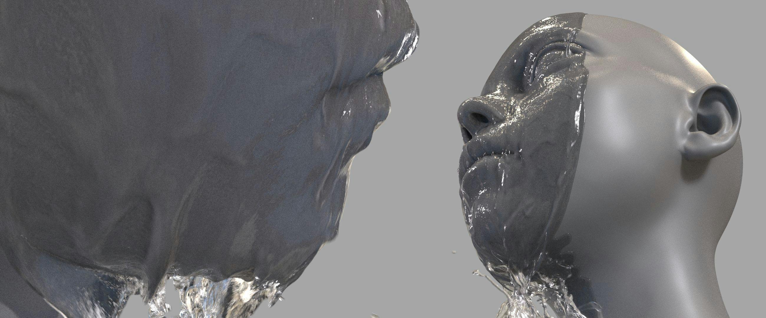 Close-up render of high-fidelity surface tension and adhesion affects, taken from the SIGGRAPH 2019 session “A practical guide to thin film and drips simulation” 