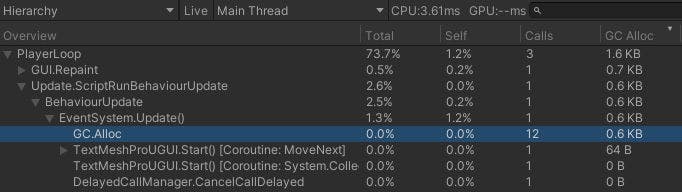 Vista de Hierarchy en CPU Usage Profiler 