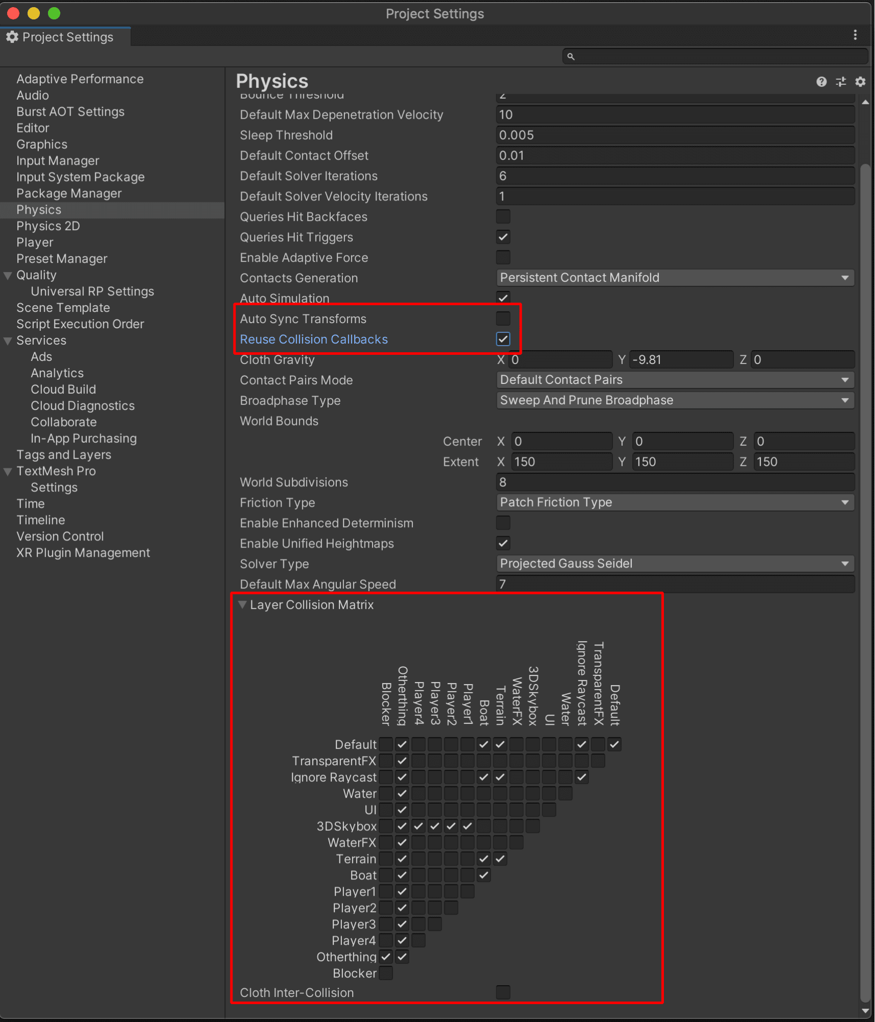 Picture of the project settings box with a grey background and the sections for "Auto Sync Transforms" and "Layer Collision Matrix" squared off in red.