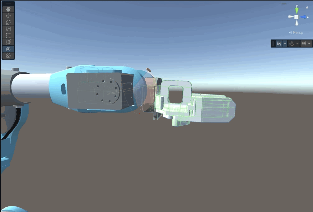 Gif der prismatischen Gelenkbewegung mit einer Simulation eines silbernen und blauen Roboterarms