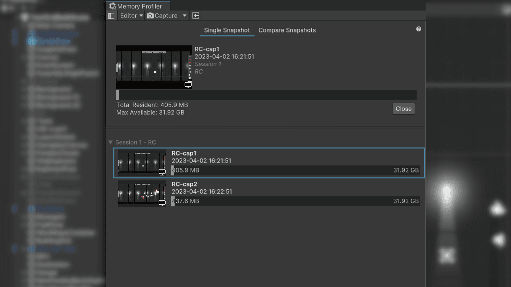The Workbench pane is used to manage memory snapshots.