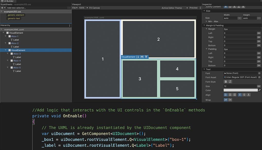 Decoupling logic and design: Programmers will connect the visual elements to the actual game logic (shown at the bottom), while designers will focus on defining the styles for them (UI Builder at the top).