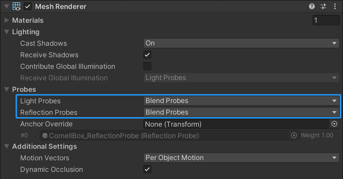 Las propiedades de Sondas de luz y Sondas de reflexión deben configurarse en Mezclar sondas (o cualquier otra cosa que no sea Desactivado).