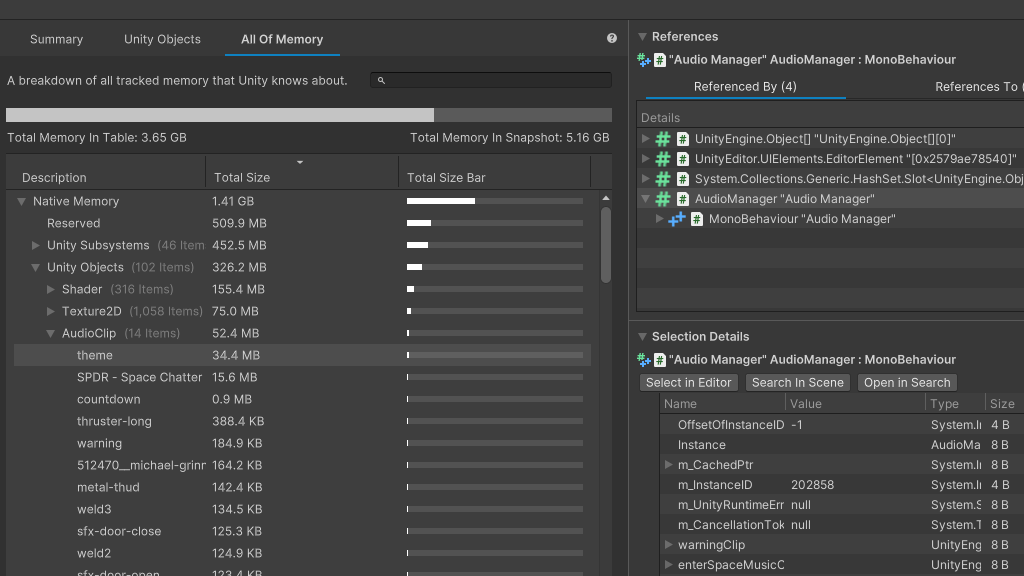 The All of Memory detailed view provides a plethora of information to find unwanted items in memory, or to track Unity Object references in a project.