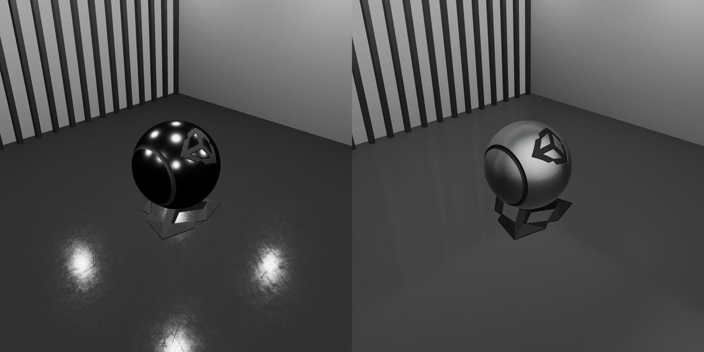 A simple scene containing several Baked point lights before a lightmap bake (left) vs same scene after baking lightmaps (right): Notice that specular highlights are missing after baking.