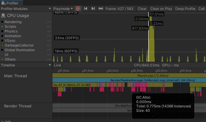 Vista de Timeline en el módulo de CPU Usage Profiler (generador de perfiles sobre uso de CPU)