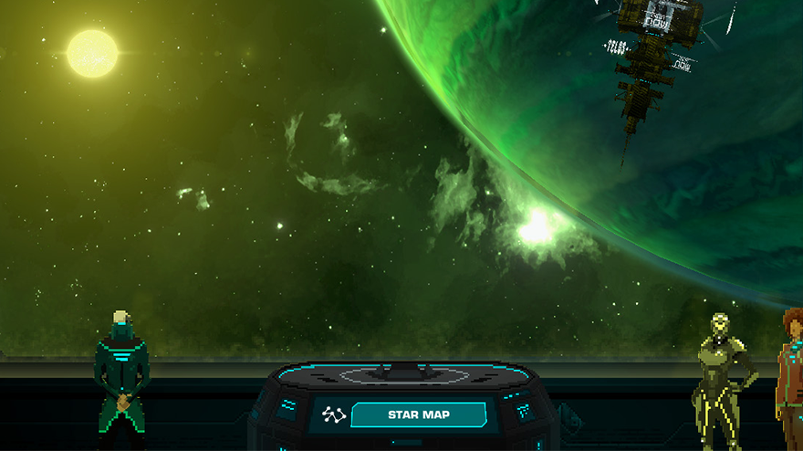 A game screen with 3 character and map of the stars