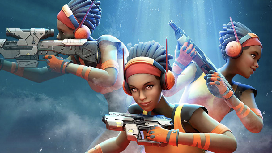 A female player holding guns in three poses