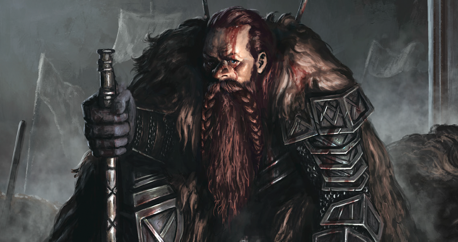 Game character with bloody face and long, braided beard leaning on a staff or sword