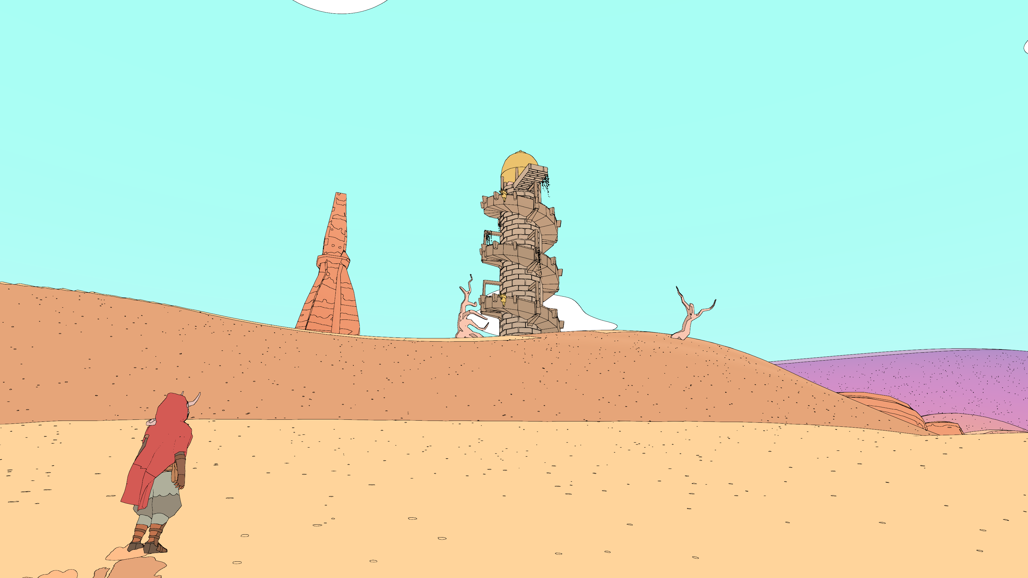 Sable game character walking toward a large tower