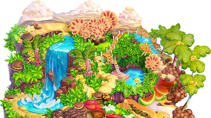 Artwork of Cookie Jam world with a waterfall and jungle