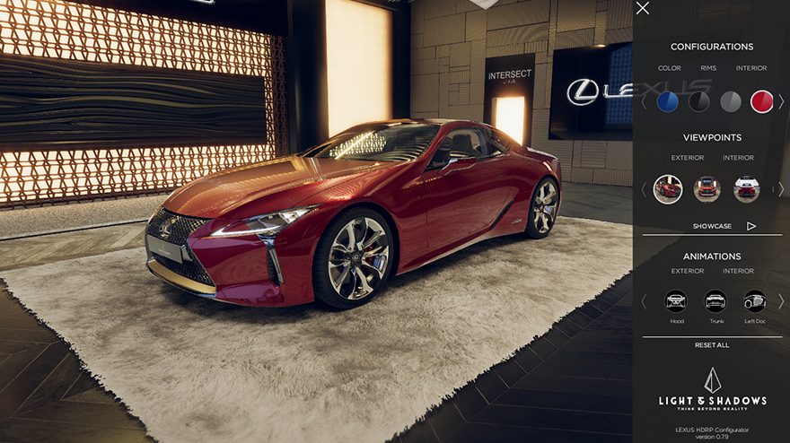 A virtual Lexus showroom featuring a red coupe