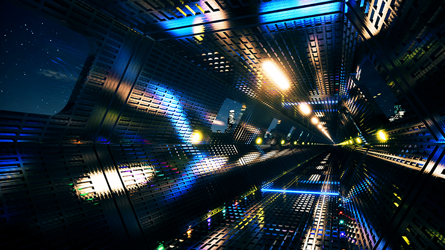 A futuristic tunnel among a cityscape