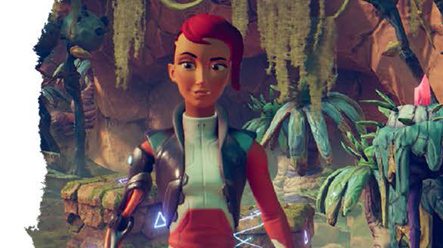 A player with short, red hair standing in the jungle