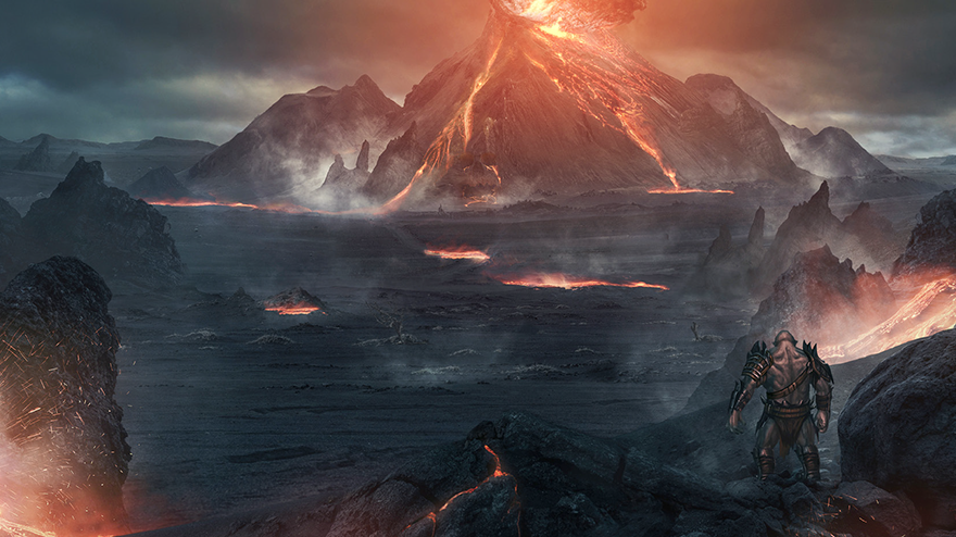A character looking across expanse to a huge volcano