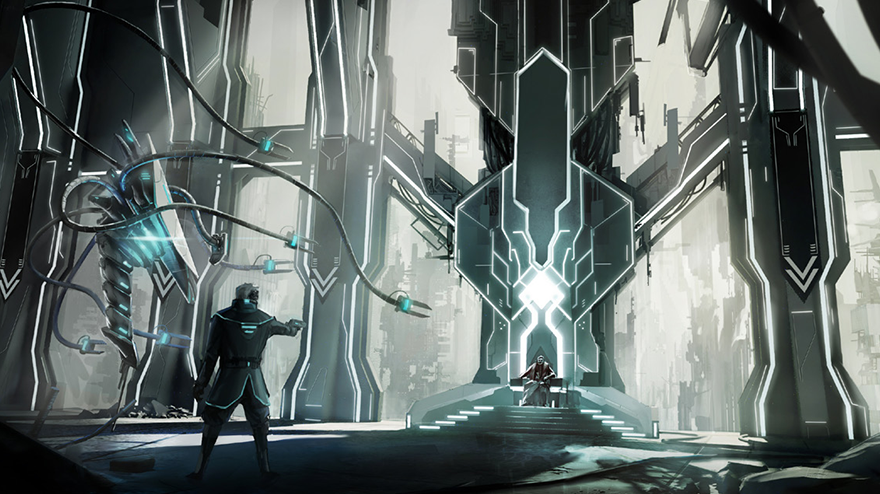 Character pointing gun a person on futuristic throne