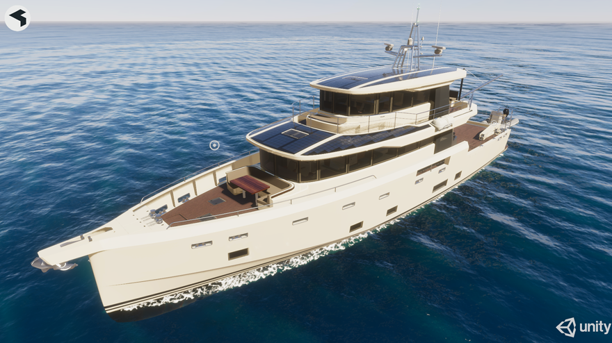 A virtual yacht with a features selection panel