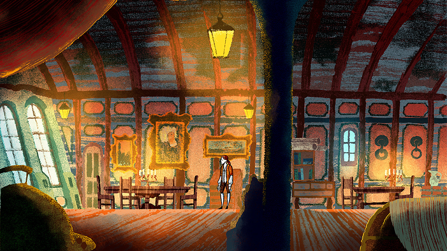 Game character in a room of a large wooden ship