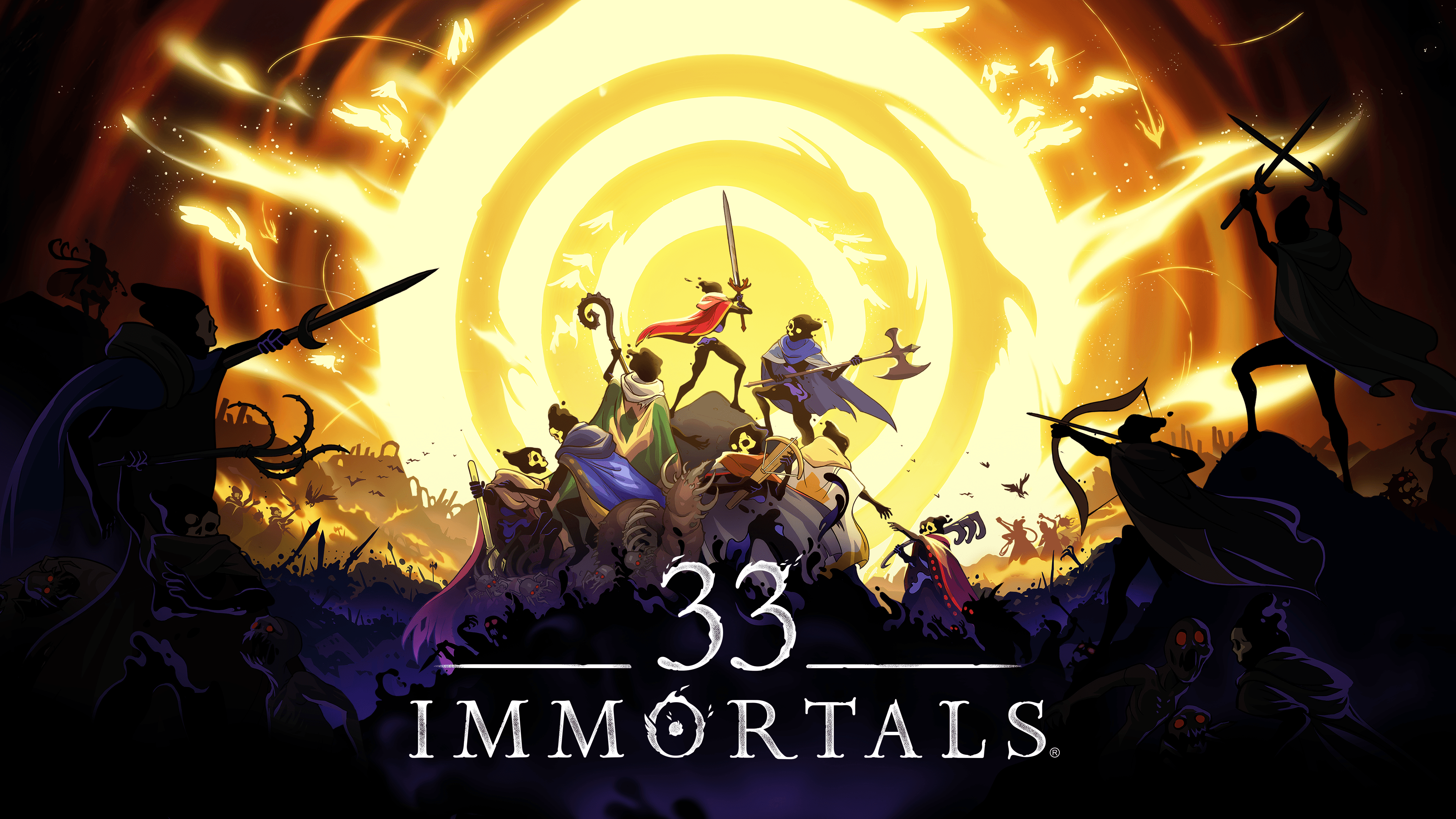 Key art for 33 Immortals by Thunder Lotus Games | Made with Unity. A group of cloaked heroes gather atop a pile of bodies, brandishing their weapons at a glowing sun in the background.