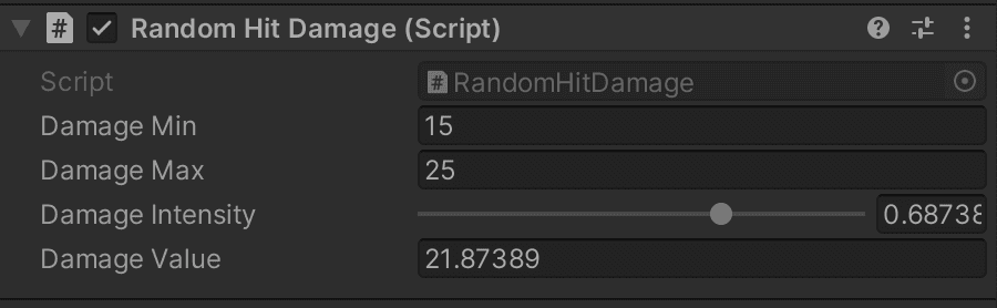 Screenshot of Random Hit Damage settings in the Inspector