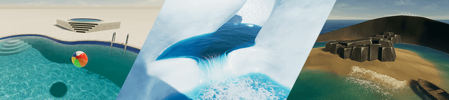 Three of four sample scenes developed as part of Unity’s new Water System for the High Definition Render Pipeline (HDRP)