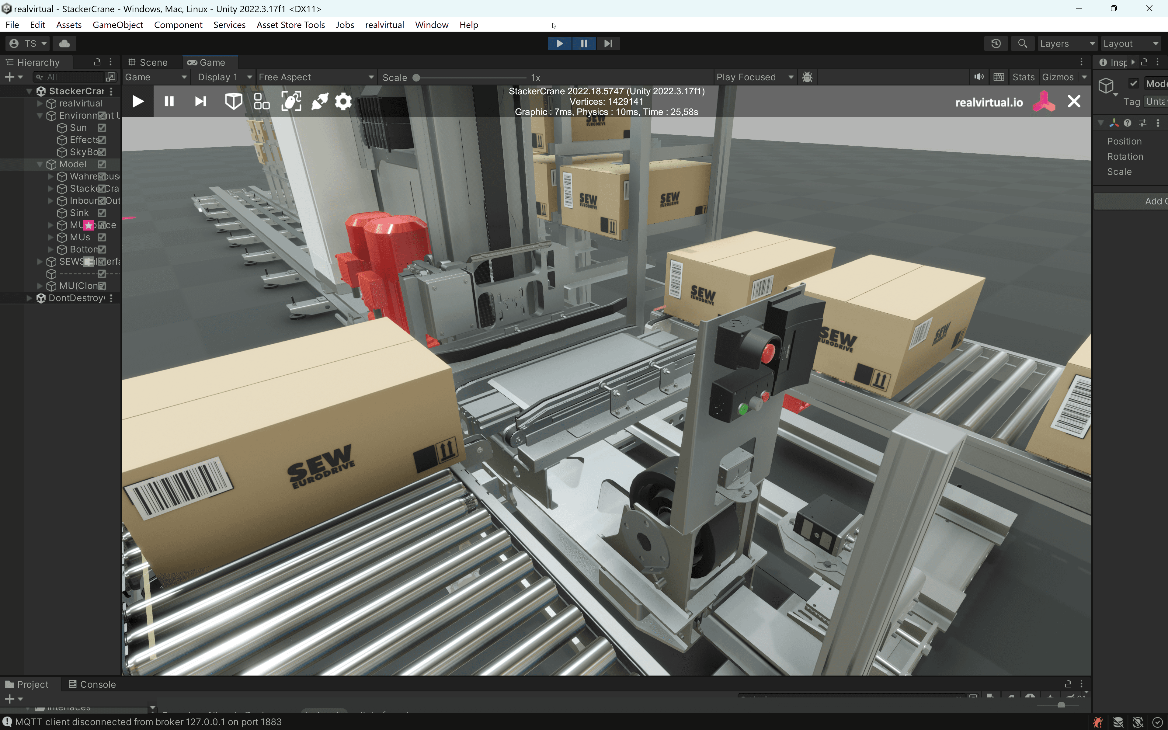 SEW Eurodrive stacker crane application based on a digital twin created by realvirtual.io using Unity