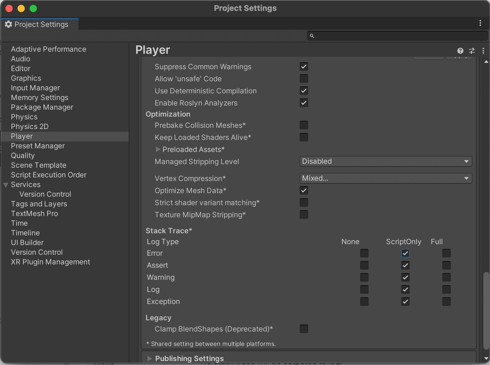 Stack trace options can be found under Project Settings > Player.