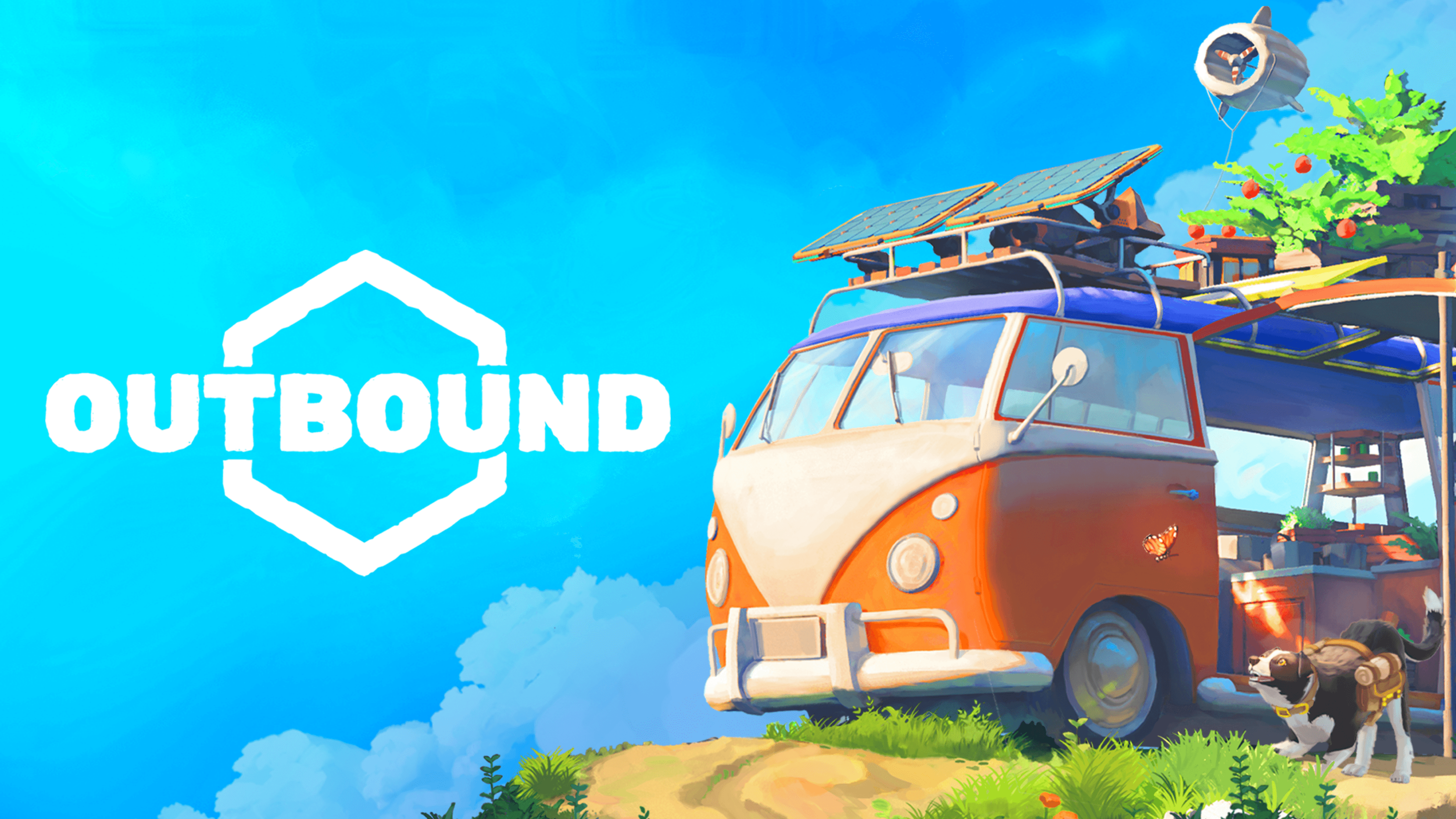 Square Glade Games的《Outbound》关键艺术,Made with Unity。一辆橙色露营车与太阳能电池板在蓝色背景。车角右侧是一条小狗,身上捆着袋子。
